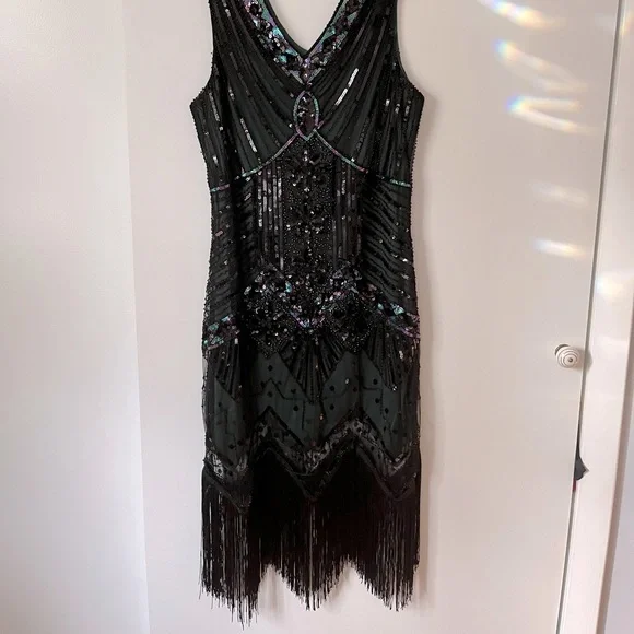 slim fit dress slacks 1920s Green Beaded Stella Flapper Dress main image 1